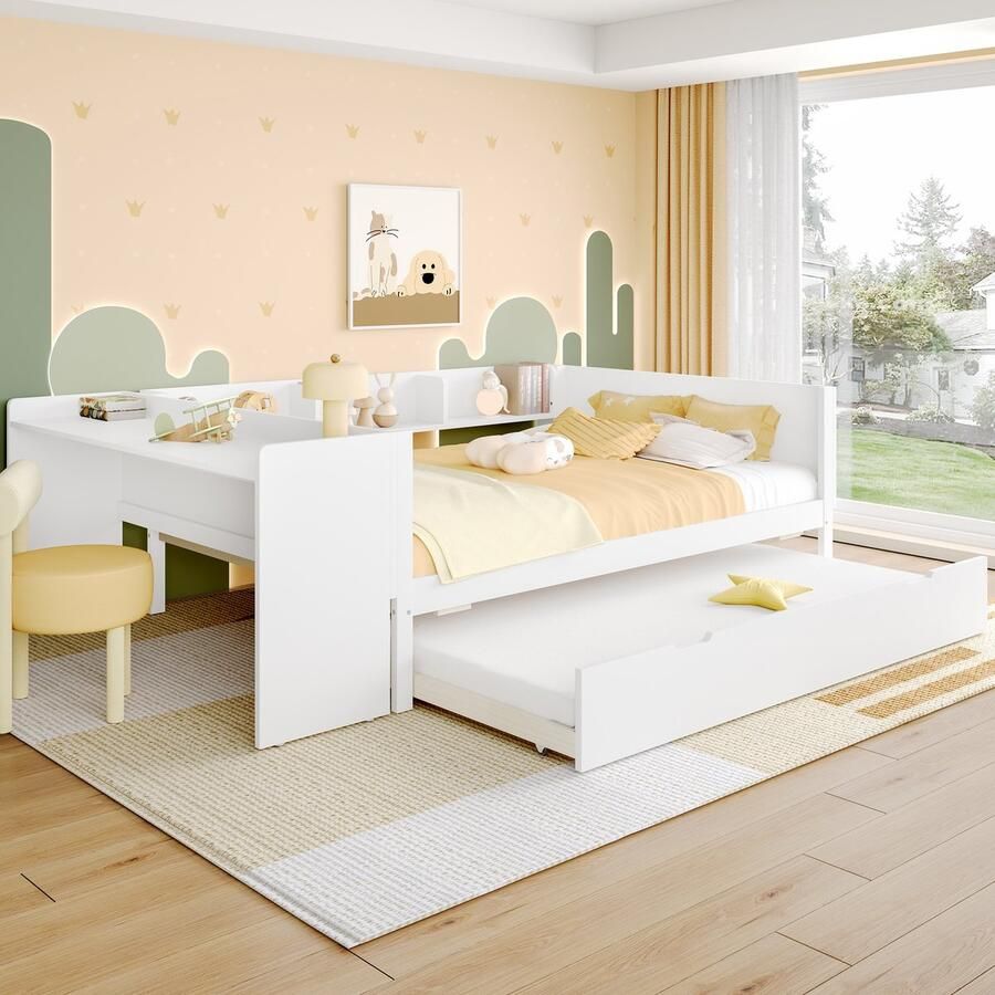 Sweiko Kinderbed 140x200 cm met bureau + onderschuifbed Dennenhouten bedframe Wit