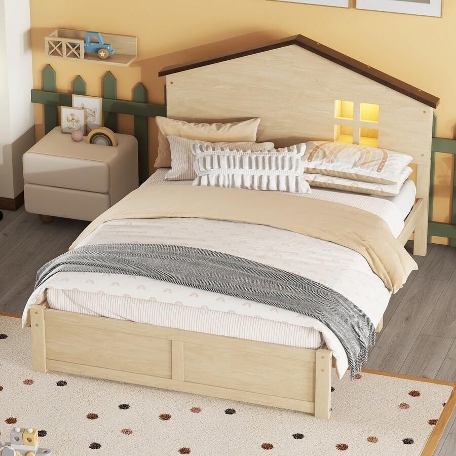 Sweiko Kinderbed 140x200cm Huisvormige Wieg Plat bed Kleine raamdecoratie LED nachtlampje massief hout Houtkleur (zonder matras)