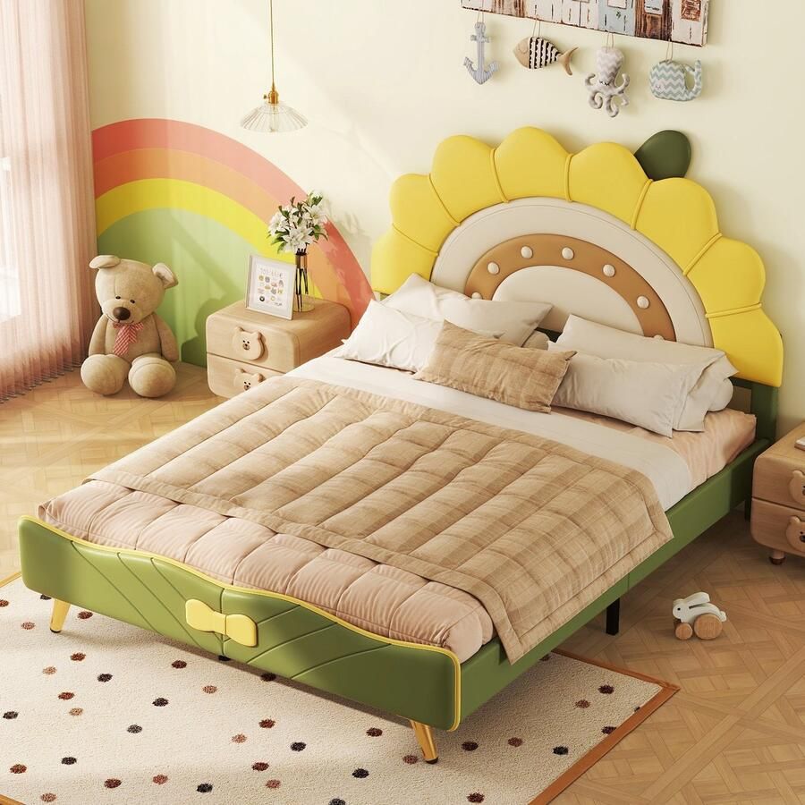 Sweiko Kinderbed 140x200cm plat bed Babybed zonnebloemvormig boogdecoratie aan het einde van het bed Geel