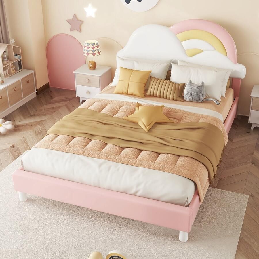 Sweiko Kinderbed 140x200cm Tweepersoonsbed Babybed Jeugdbed Kussen bed met comfortabel regenboog wolk hoofdeinde houten grille PU Roze (Geen matras)
