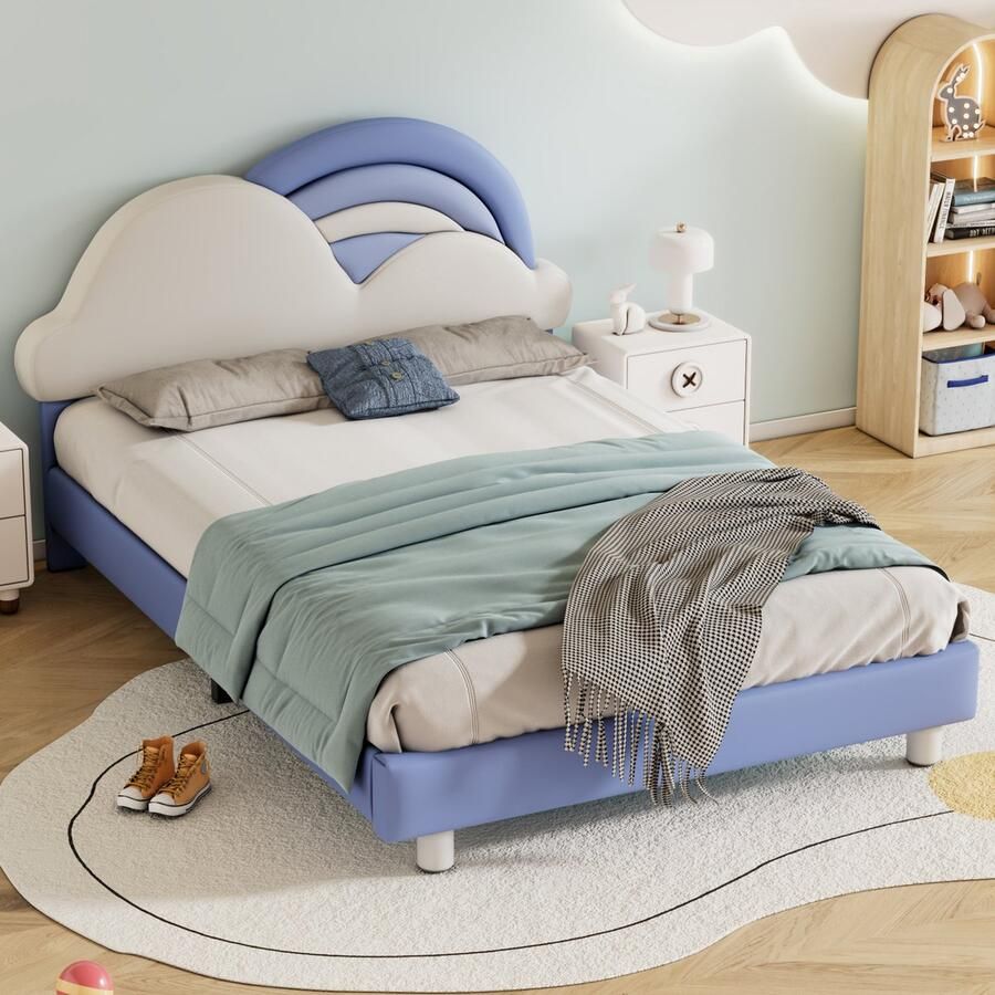 Sweiko Kinderbed 140x200cm Tweepersoonsbed Babybed Jeugdbed Kussen bed met comfortabel regenboog wolk hoofdeinde houten grille PU Blauw (Geen matras)