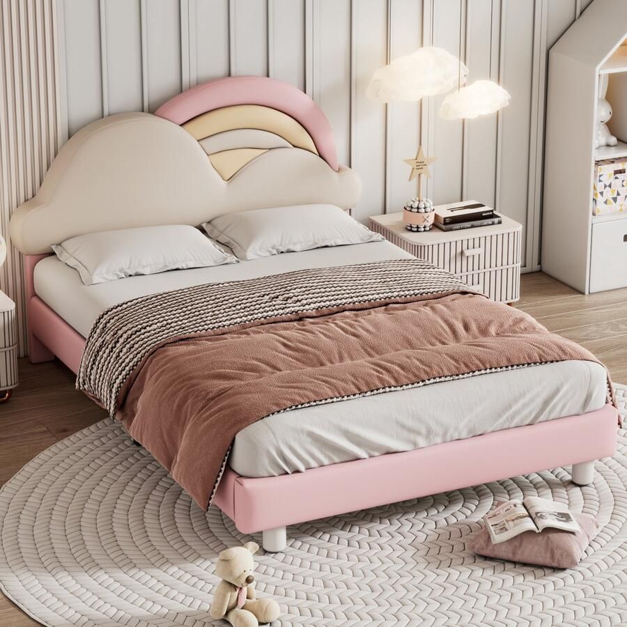 Sweiko Kinderbed 140x200cm Tweepersoonsbed Babybed Jeugdbed Kussen bed met comfortabel regenboog wolk hoofdeinde houten grille PU Roze (Geen matras) - Foto 2