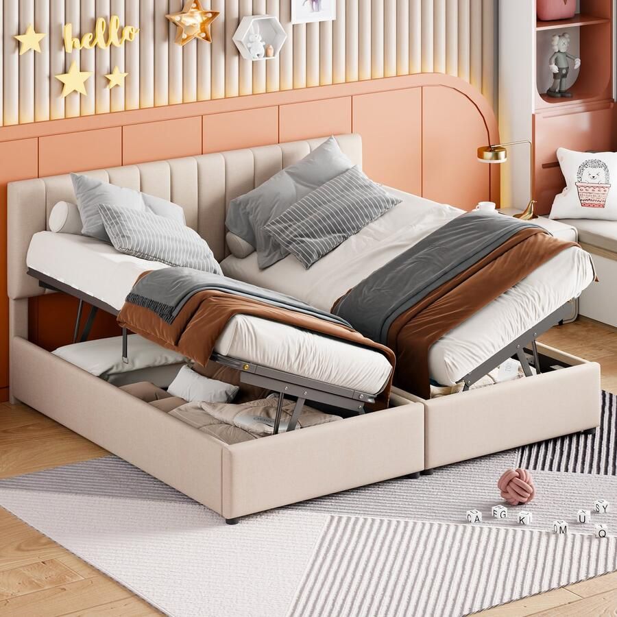 Sweiko Kinderbed 180x200cm Zacht Kussen bed Hydraulisch Opbergbed huidvriendelijk linnen loft bed multifunctioneel tweepersoonsbed Beige (zonder matras)