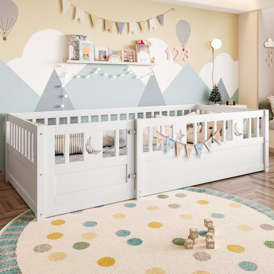 Sweiko Kinderbed 90 x 190 cm Met zijhekken Sterren- en maanthema Geen bodem Wit