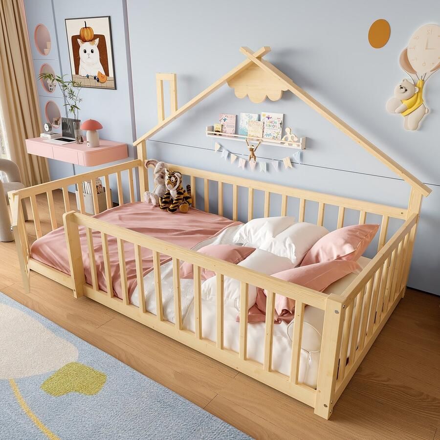 Sweiko Kinderbed 90 x 190 cm Veiligheidshekwerk Grenenhout + MDF Naturel