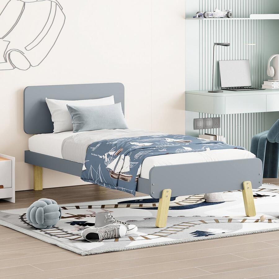 Sweiko Kinderbed 90 x 190 Eenpersoons massief houten bed met lattenbod Minimalistische stijl hoofd-en pedaalvorm Grijs