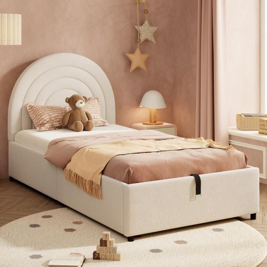 Sweiko Kinderbed 90 x 200 cm Hydraulisch bed Opbergruimte Bouclé-stof Beige