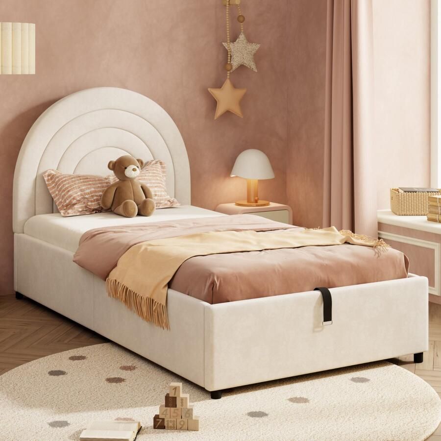 Sweiko Kinderbed 90 x 200 cm Hydraulisch bed Opbergruimte Velvet Beige