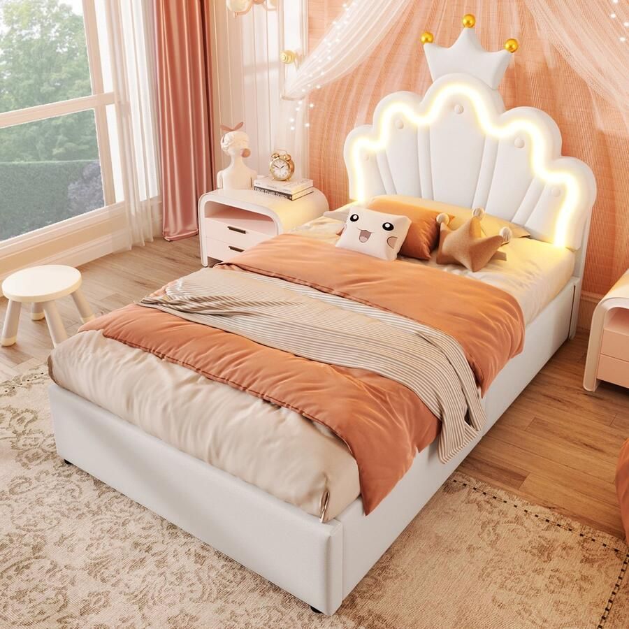 Sweiko Kinderbed 90 x 200 cm LED-verlichting Opbergruimte Prinsessenbed Verstelbaar hoofdeinde PU Wit