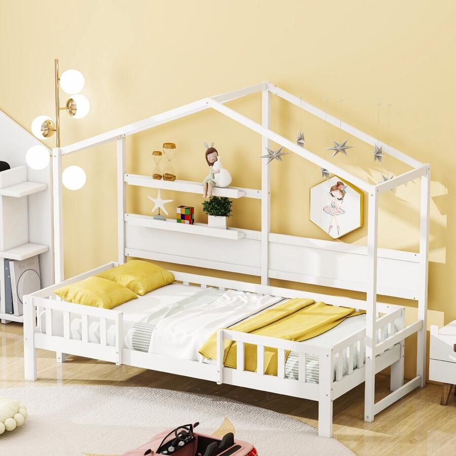 Sweiko Kinderbed 90 x 200 cm massief houten slaapbank wit met leuk dak en veiligheidshek apparaat 2 planken