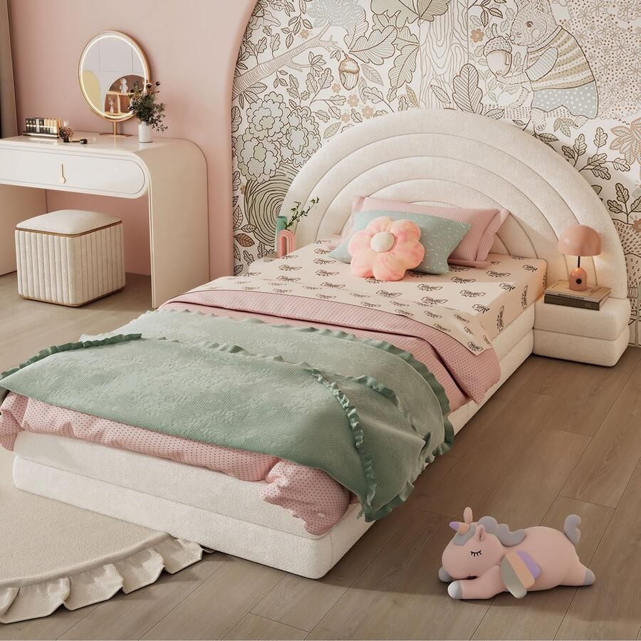 Sweiko Kinderbed 90 x 200 cm met Nachtkastje Imitatiepluche Beige