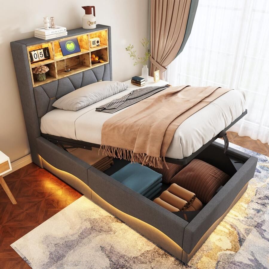 Sweiko Kinderbed 90 x 200 cm Opbergruimte LED-verlichting USB-aansluiting Linnen Grijs