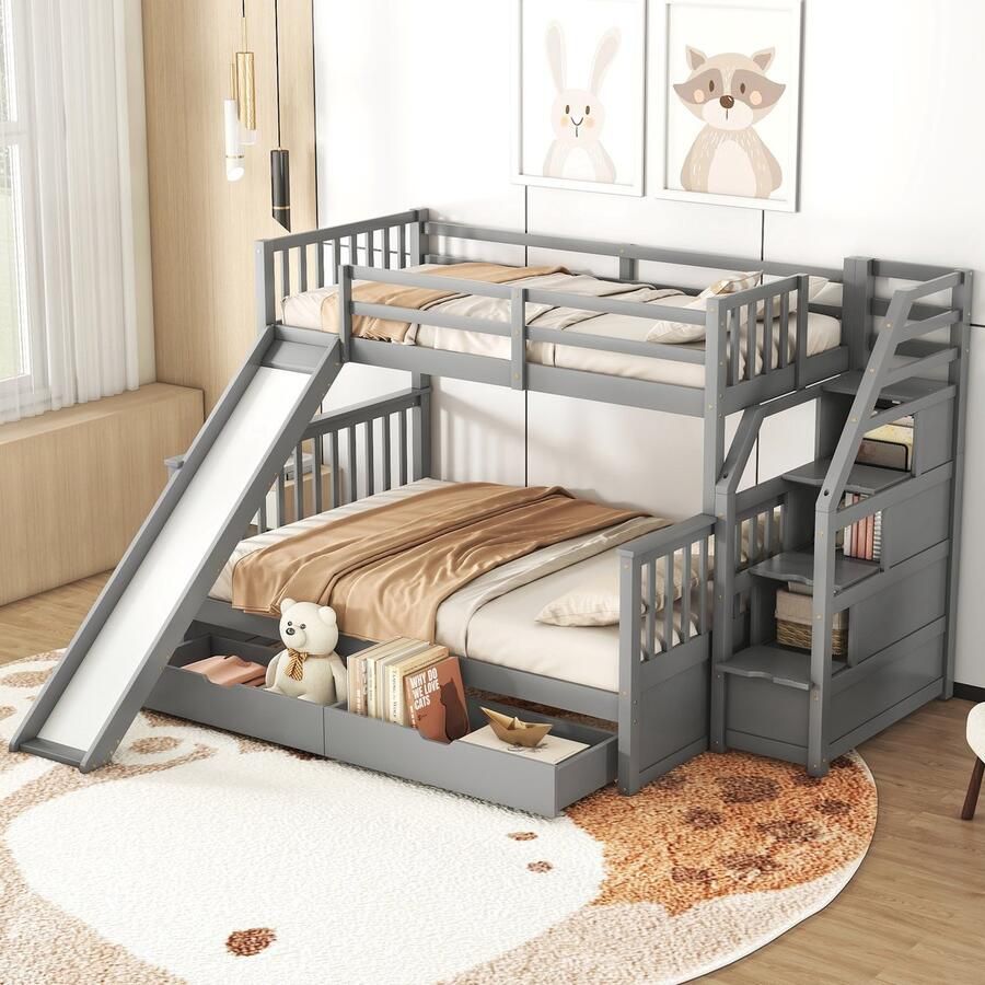 Sweiko Kinderbed 90 x 200 140 x 200cm Stapelbed met lades opbergruimte en glijbaan Multifunctioneel Grijs