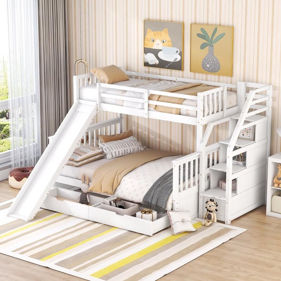 Sweiko Kinderbed 90 x 200 140 x 200cm Stapelbed met lades opbergruimte en glijbaan Multifunctioneel Wit