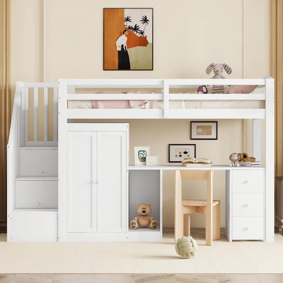 Sweiko Kinderbed 90 x 200cm Stapelbed met garderobe en trap Bureau en lades en kledingkast in één Wit (Zonder stoelen)