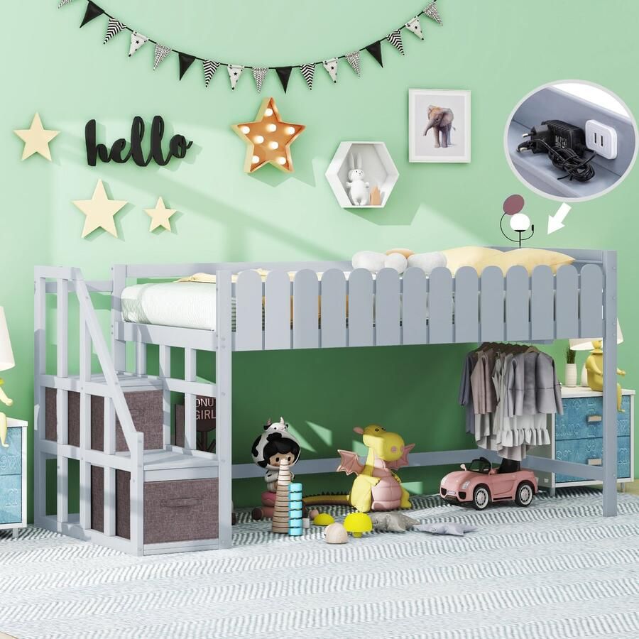 Sweiko Kinderbed 90*190cm Massief houten bed met lattenbod Met veiligheidsladder hanger opbergdoos nachtkastje met USB-poort Grijs