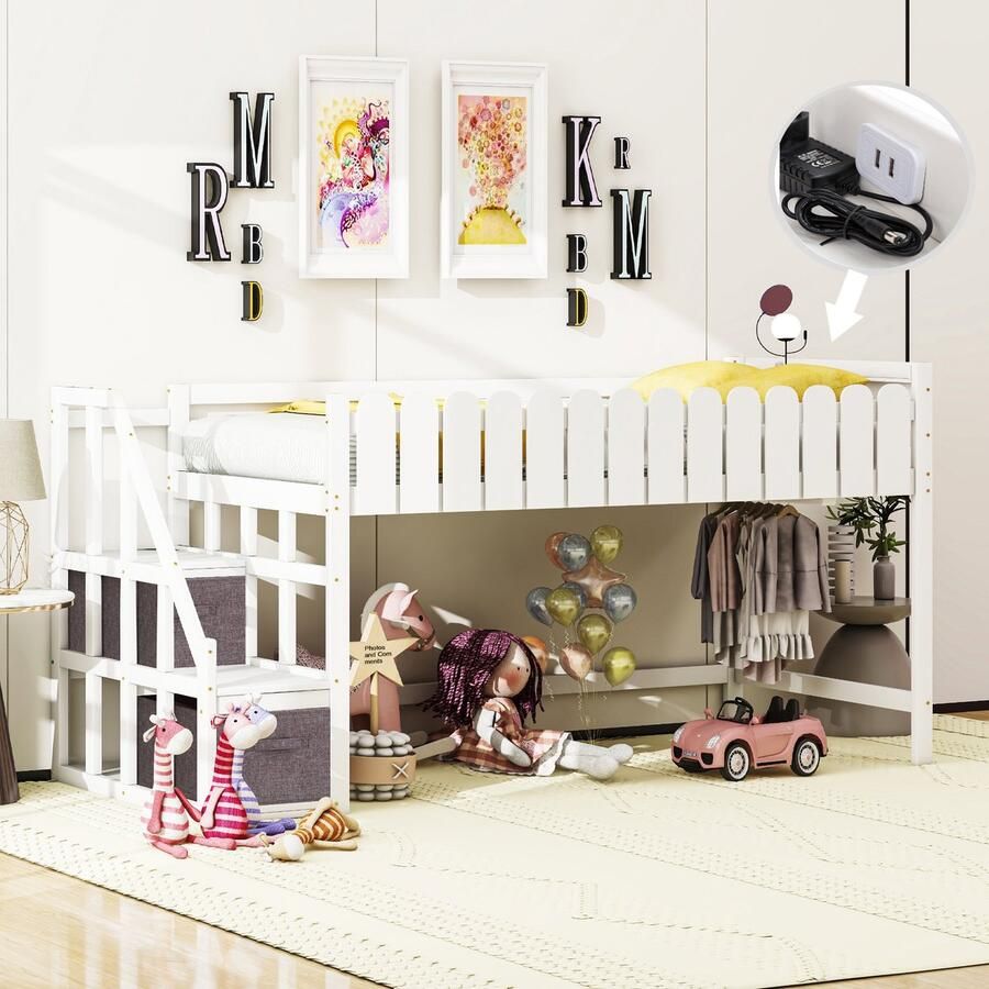 Sweiko Kinderbed 90*190cm Massief houten bed met lattenbod Met veiligheidsladder hanger opbergdoos nachtkastje met USB-poort Wit