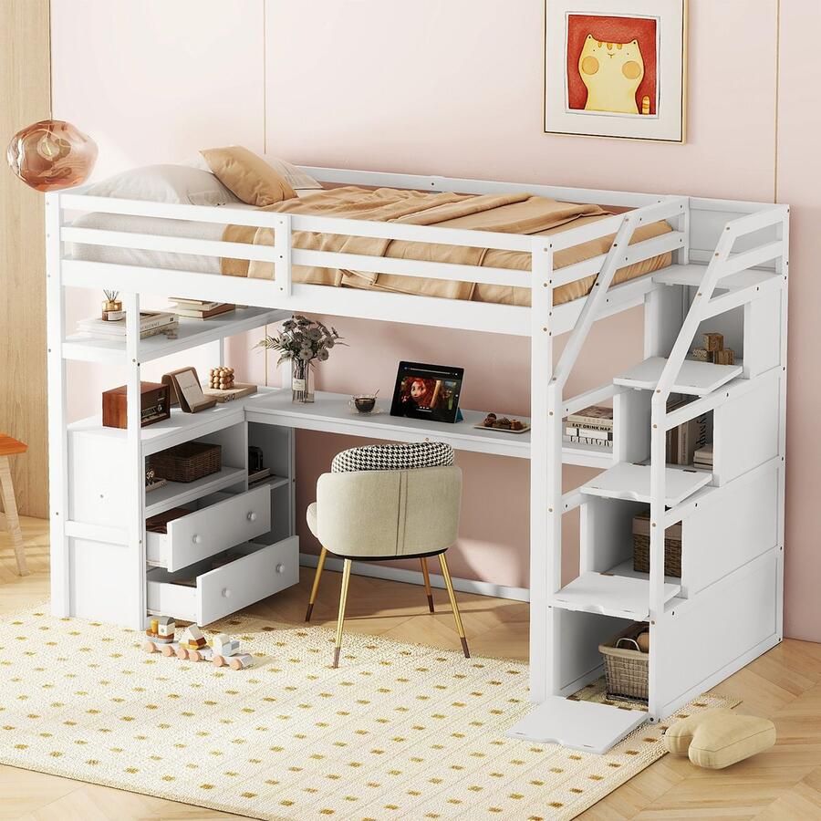 Sweiko Kinderbed 90*200cm Hoogslaper Bed en Bureau Opbergladder 2 Laden Wit(Geen stoelen) - Foto 2