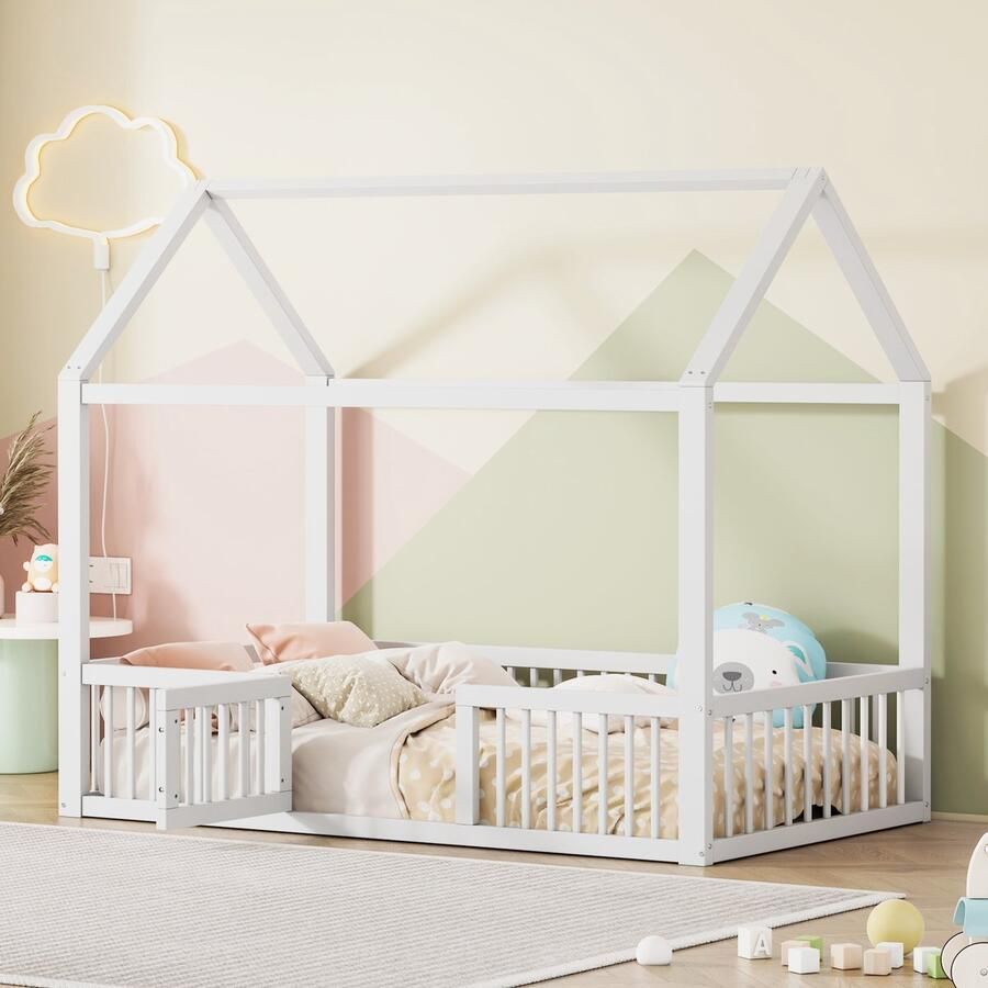 Sweiko Kinderbed 90*200cm massief houten bed Eepersoonsbed flatbed huisbed met deur Wit