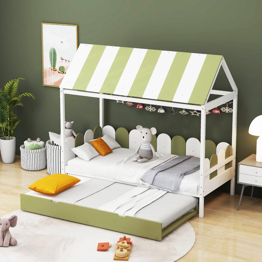 Sweiko Kinderbed 90x190cm met uitschuifbaar bed huisbed voor jongens en meisjes met dak en rugleuning massief houten bed met lattenbod groen