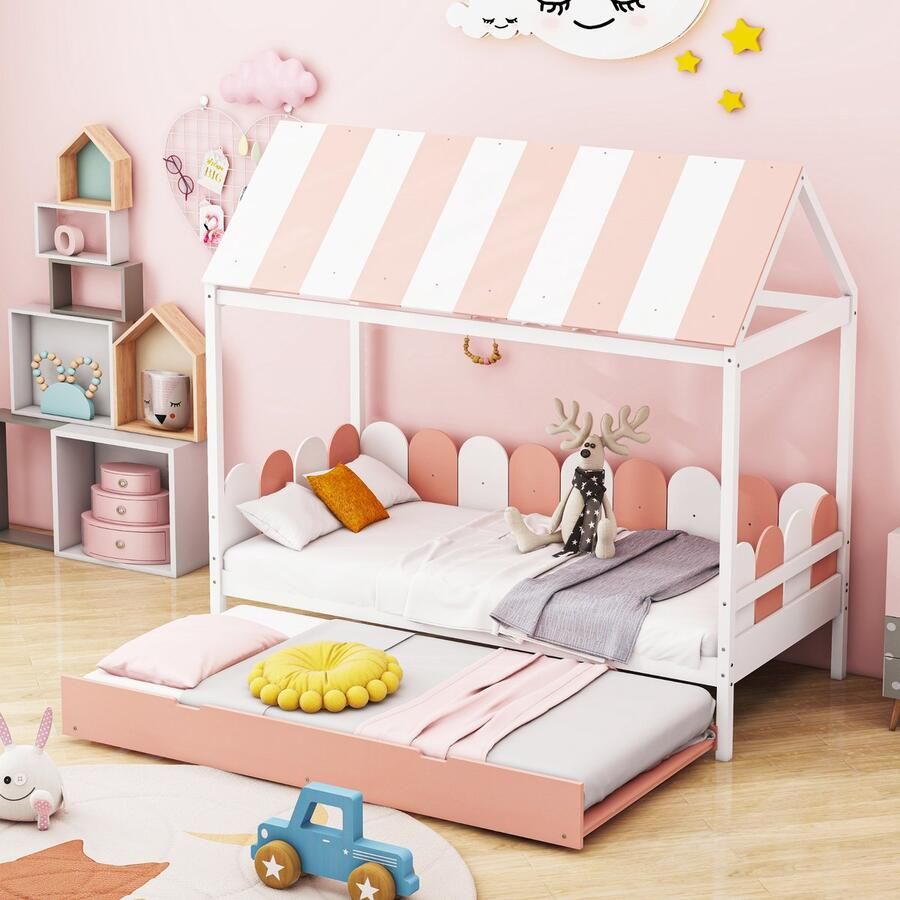 Sweiko Kinderbed 90x190cm met uitschuifbaar bed huisbed voor jongens en meisjes met dak en rugleuning massief houten bed met lattenbod Roze