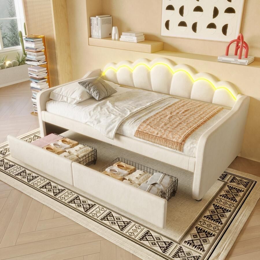 Sweiko Kinderbed 90x200 cm 2 laden LED-strip Velvet Zonder matras Beige