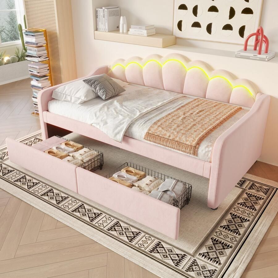 Sweiko Kinderbed 90x200 cm 2 laden LED-strip Velvet Zonder matras Roze