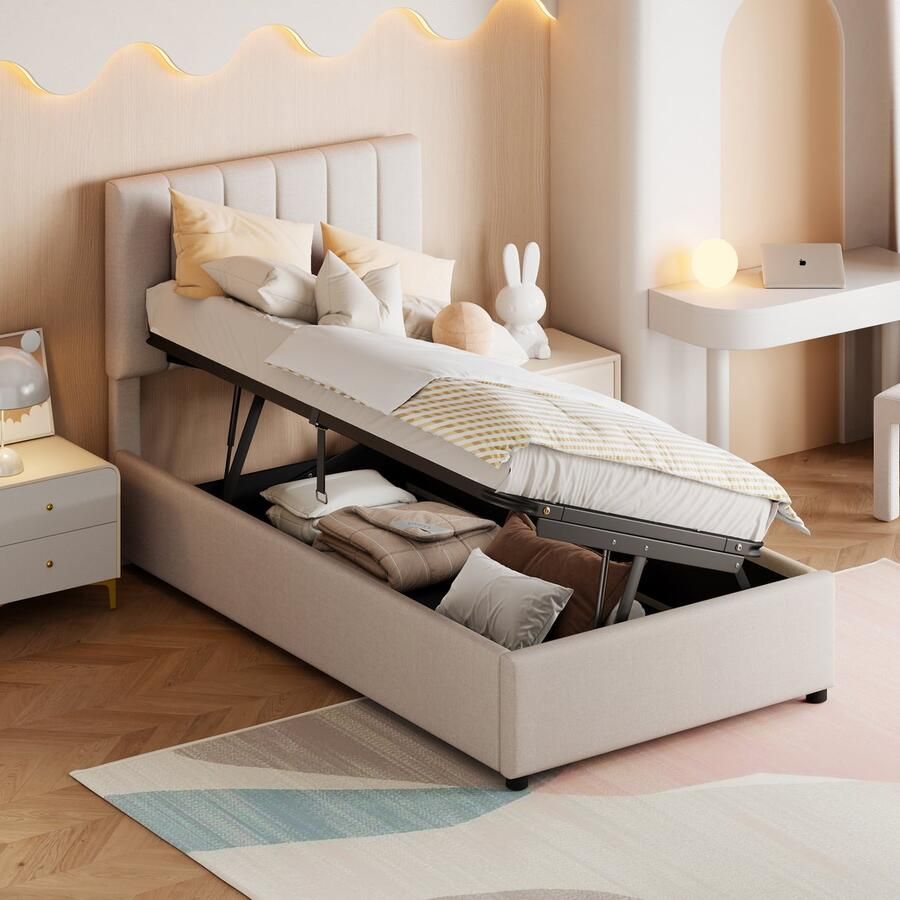 Sweiko Kinderbedkussen 90x200 cm Hydraulisch opbergbed Huidvriendelijk linnen loft bed Beige (zonder matras)