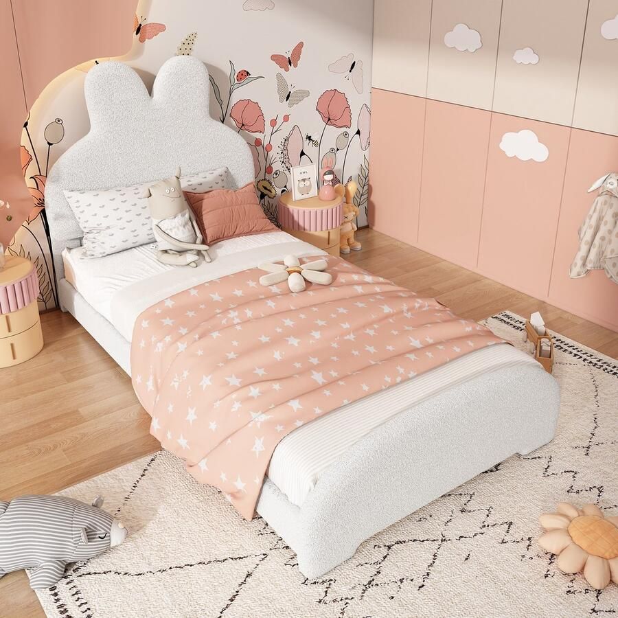 Sweiko Kinderbed 90x200 cm Konijnenoren hoofdeinde Cartoonstijl Imitatiepluche Wit