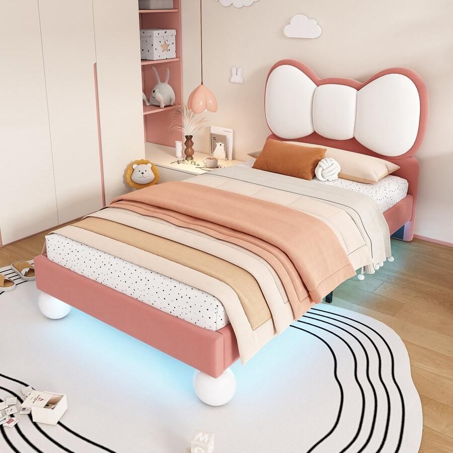 Sweiko Kinderbed 90x200 cm LED-verlichting Schattige stijl Velvet Roze