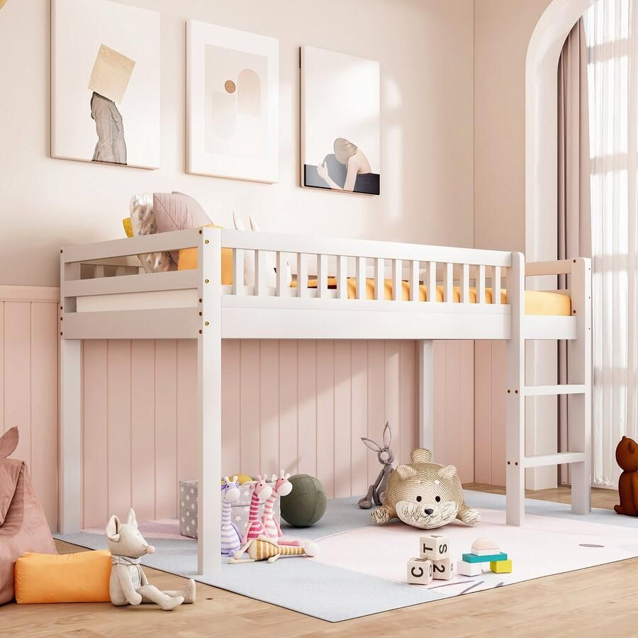 Sweiko Kinderbed 90x200 cm Massief Houten Bed met plat noedelsframe met veiligheidsladder met beschermende omheining Wit