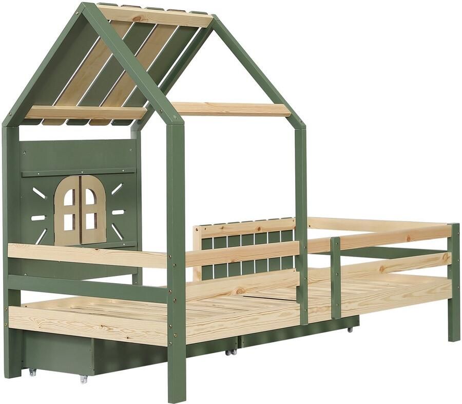 Sweiko Kinderbed 90x200 cm met 2 laden Den + MDF Groen + Natuurlijk