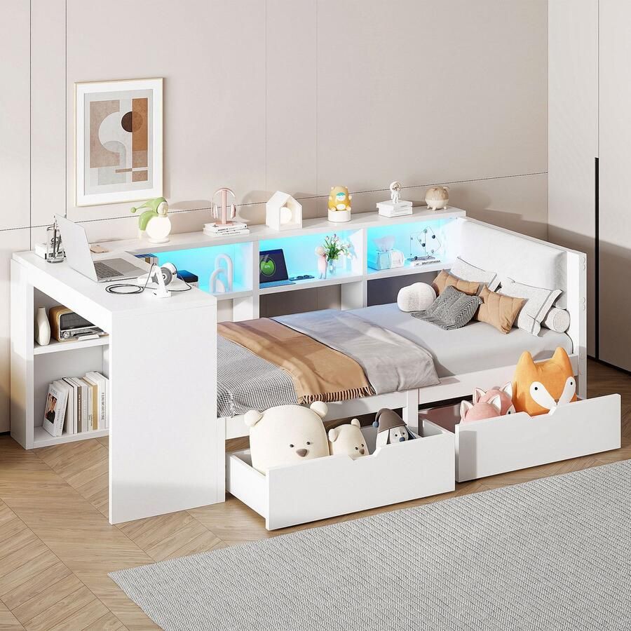 Sweiko Kinderbed 90x200 cm met Bureau 2 lades LED-verlichting Oplaadfunctie Wit