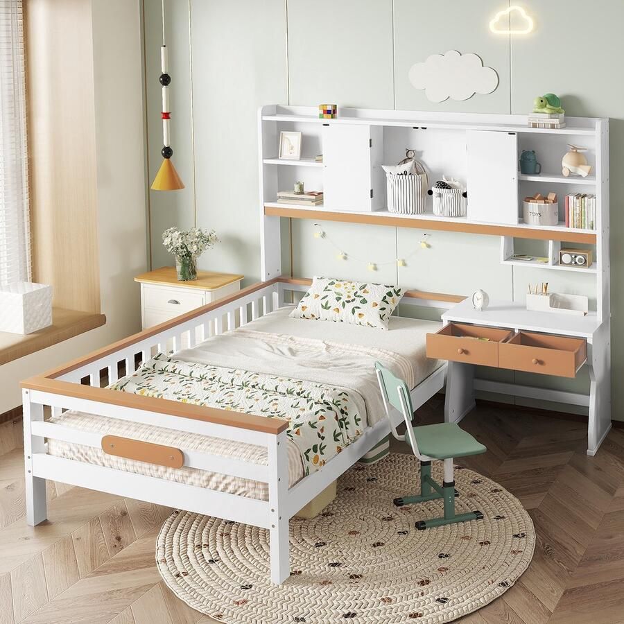 Sweiko Kinderbed 90x200 cm met opbergkast + bureau + laden Den + MDF Wit + naturel