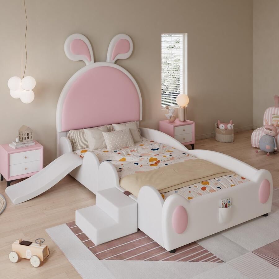 Sweiko Kinderbed 90x200 cm met Trapje + Glijbaan Konijnenoren PU materiaal Wit + Roze