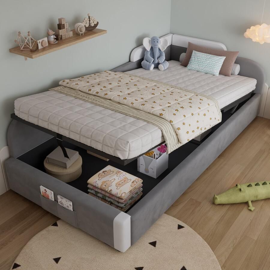 Pugsdrly Gestoffeerd bed eenpersoonsbed kinderbed hydraulisch bed met opbergruimte verhoogde zachte rand opbergtas aan het voeteneinde van het bed linker zijplaat fluweel + multiplex grijs 90x200cm