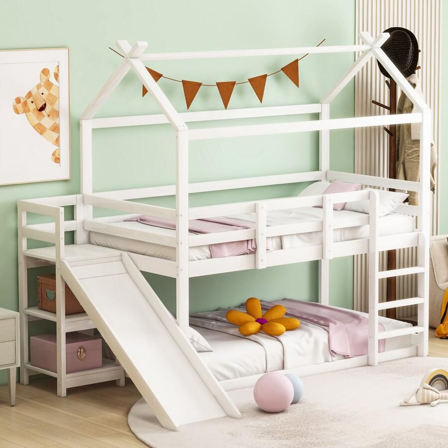 Sweiko Kinderbed 90x200 cm Verhoogd bed Tweepersoonsbed Met Schuif- en Opbergoppervlak massief houten tweepersoonsbed met Platte noedelslijst Wit