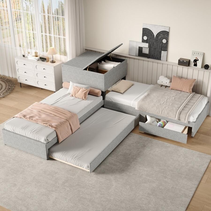 Sweiko Kinderbed 90x200 cm*2 Hoekbed Met uitschuifbed + opbergkast + laden Zonder matras Linnen Grijs