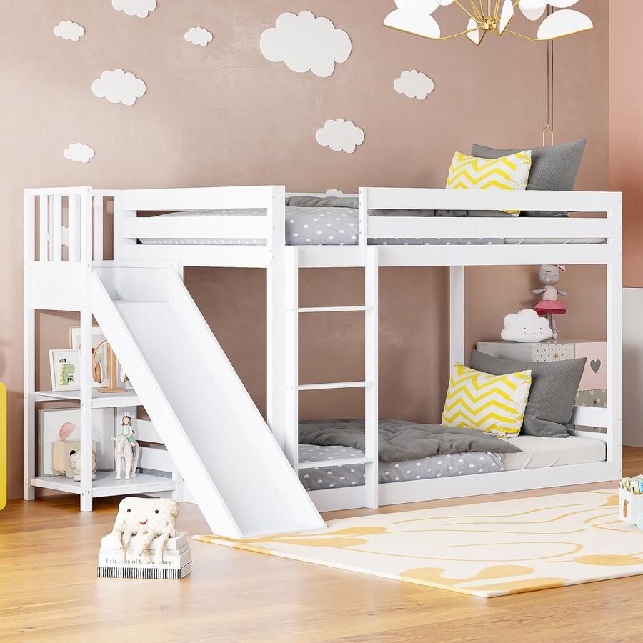 Sweiko Kinderbed 90x200 met plat noedelsframe Glijbaan en plank grenen tweepersoonsbed met ladder en valbeschermingsbedplaats Wit