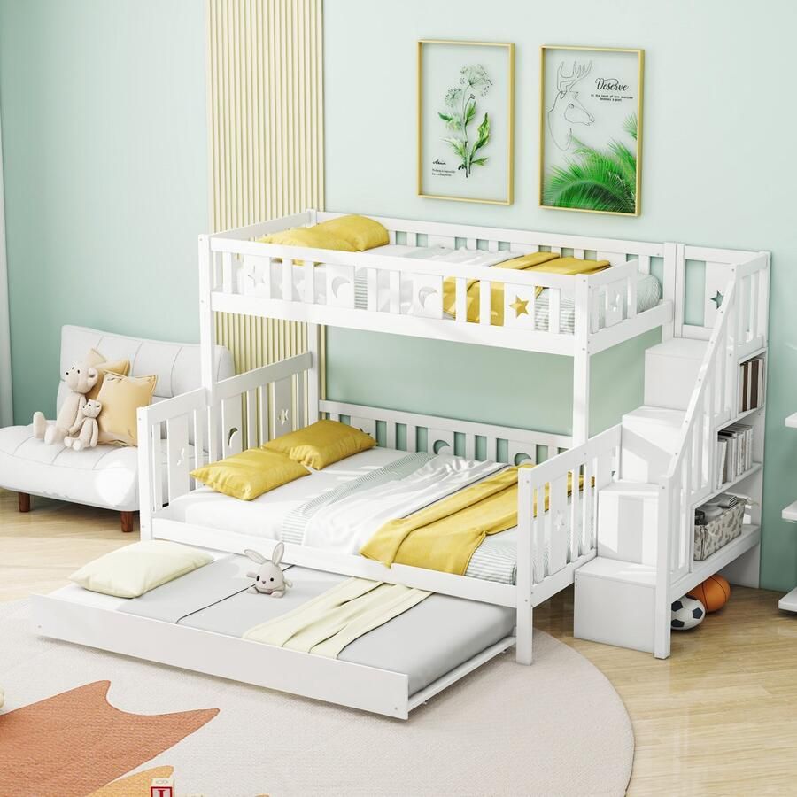Sweiko Kinderbed 90x200 140x200cm Massief Houten Tweepersoonsbed met Veiligheidstrap Uitschuifbaar bed en Flat noedles frame met opbergruimte Wit (zonder matras)