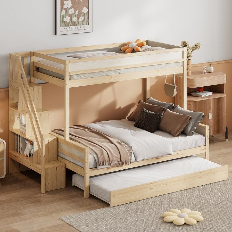 Sweiko Kinderbed 90x200 140x200cm Uitschuifbaar bed 90x190cm Massief Houten Tweepersoonsbed met veiligheidstrap Vlak noedelsframe Natuurlijke kleur (Zonder matras)