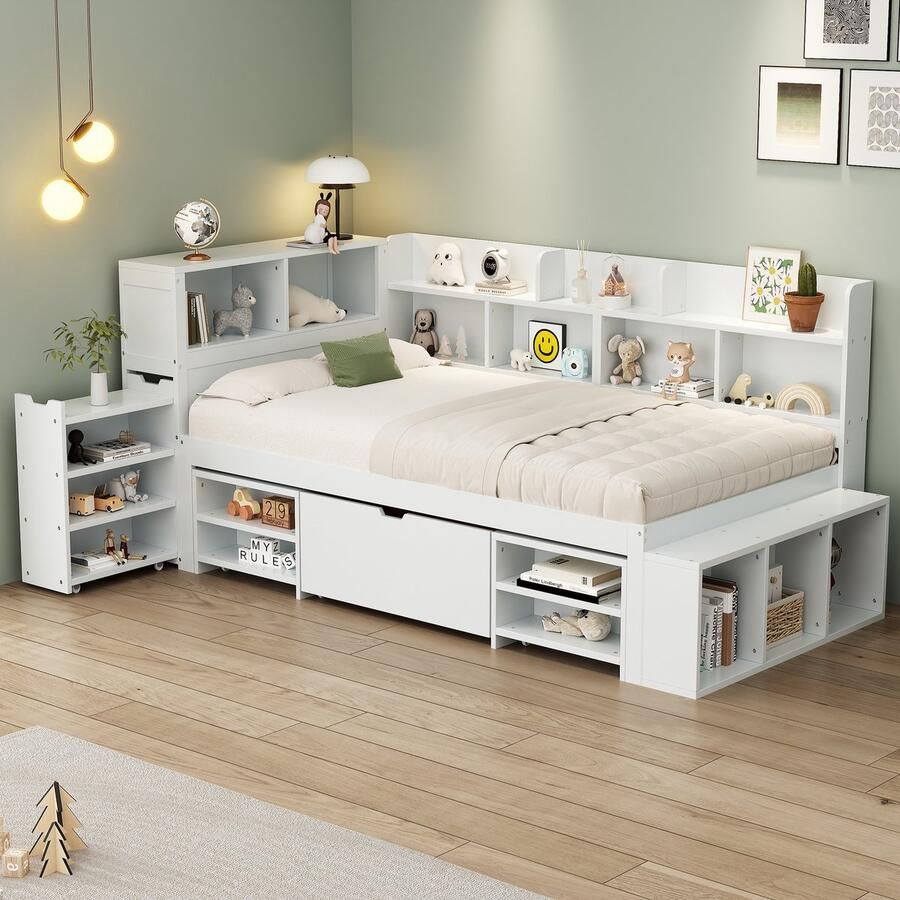 Sweiko Kinderbed 90x200cm Eenpersoonsbed Multifunctionele wieg met lade Boekenkast en kluisje grote opbergruimte Vlak noedelsframe Geen matras Wit