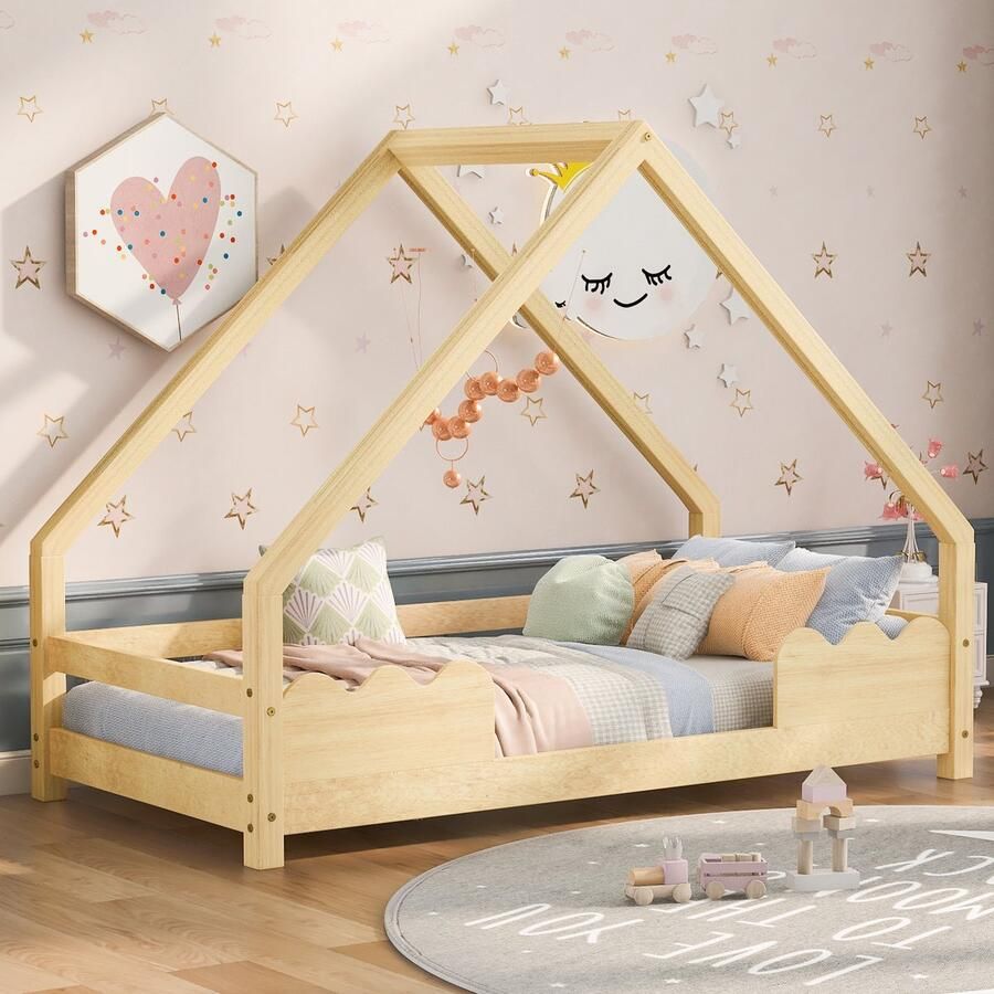 Sweiko Huisbed Kinderbed 90x200cm met valbescherming Speelbed Jeugdbed Massief hout Natuurlijk