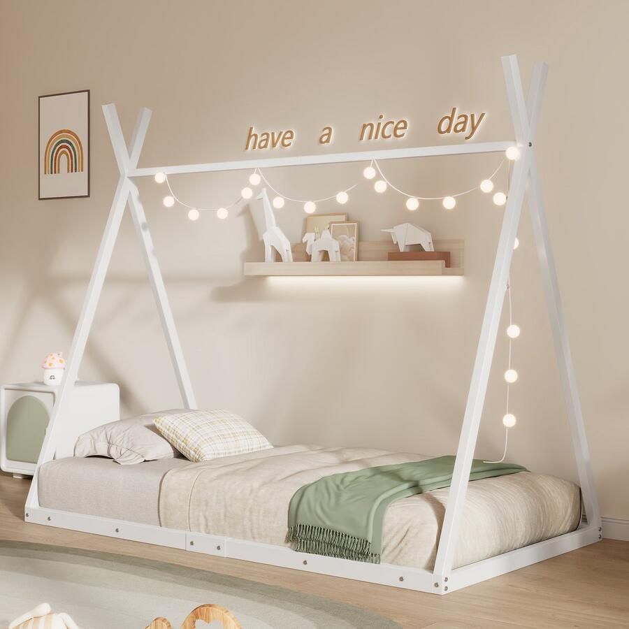 Sweiko Kinderbed 90x200cm ijzeren frame bed Babybed driehoekig stabiel Uniek en stevig Wit