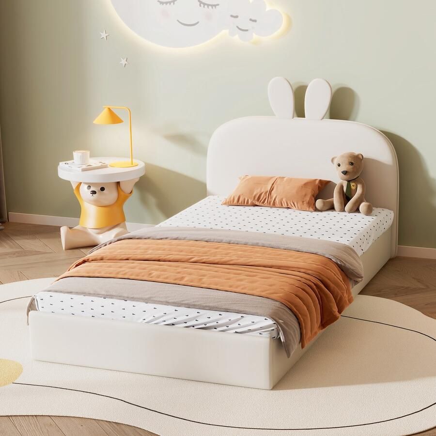 Sweiko Kinderbed 90x200cm Konijnenhoofd Kussen bed Houten wieg Eenpersoonsbed Fluweel Beige (Zonder matras)