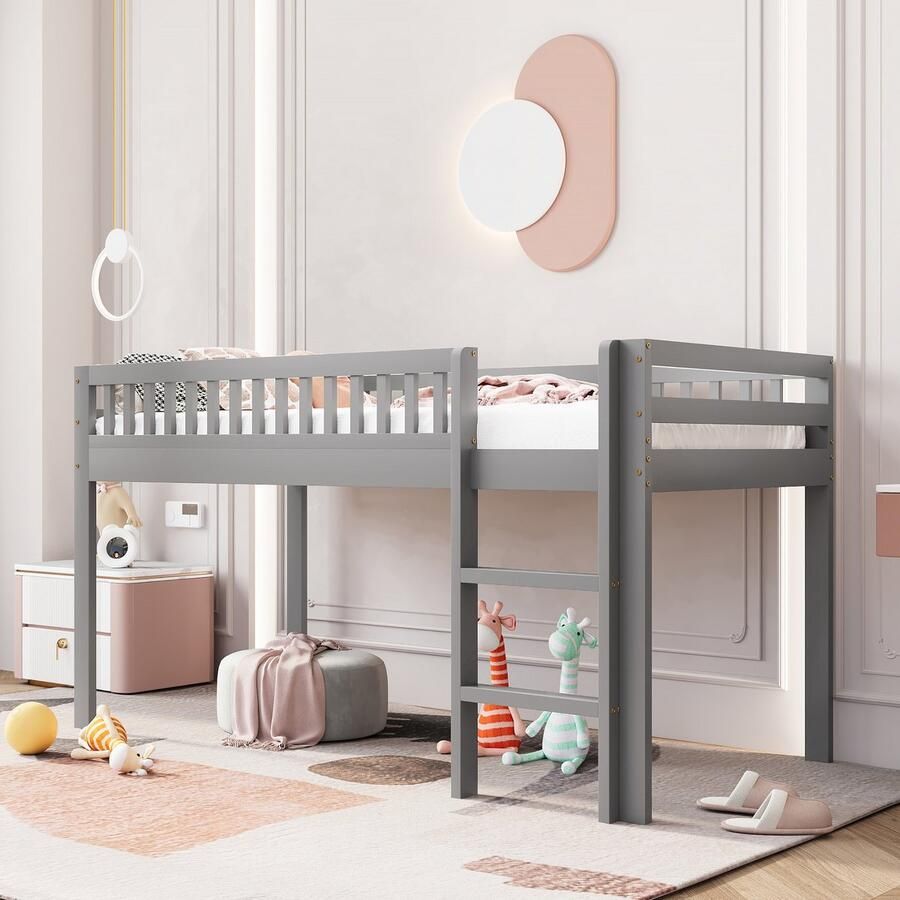 Sweiko Kinderbed 90x200cm Massief Houten bed Eenpersoonsbed met plat noedelsframe met veiligheidsladder leuning Grijs (Geen matras)