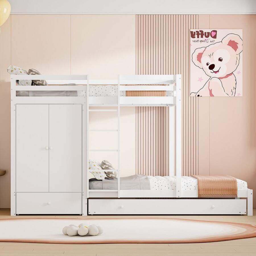 Sweiko Kinderbed 90x200cm Massief Houten Stapelbed met uitschuifbaar bed Multifunctionele wieg met kledingkast lades en opbergbox Wit (Geen matras)