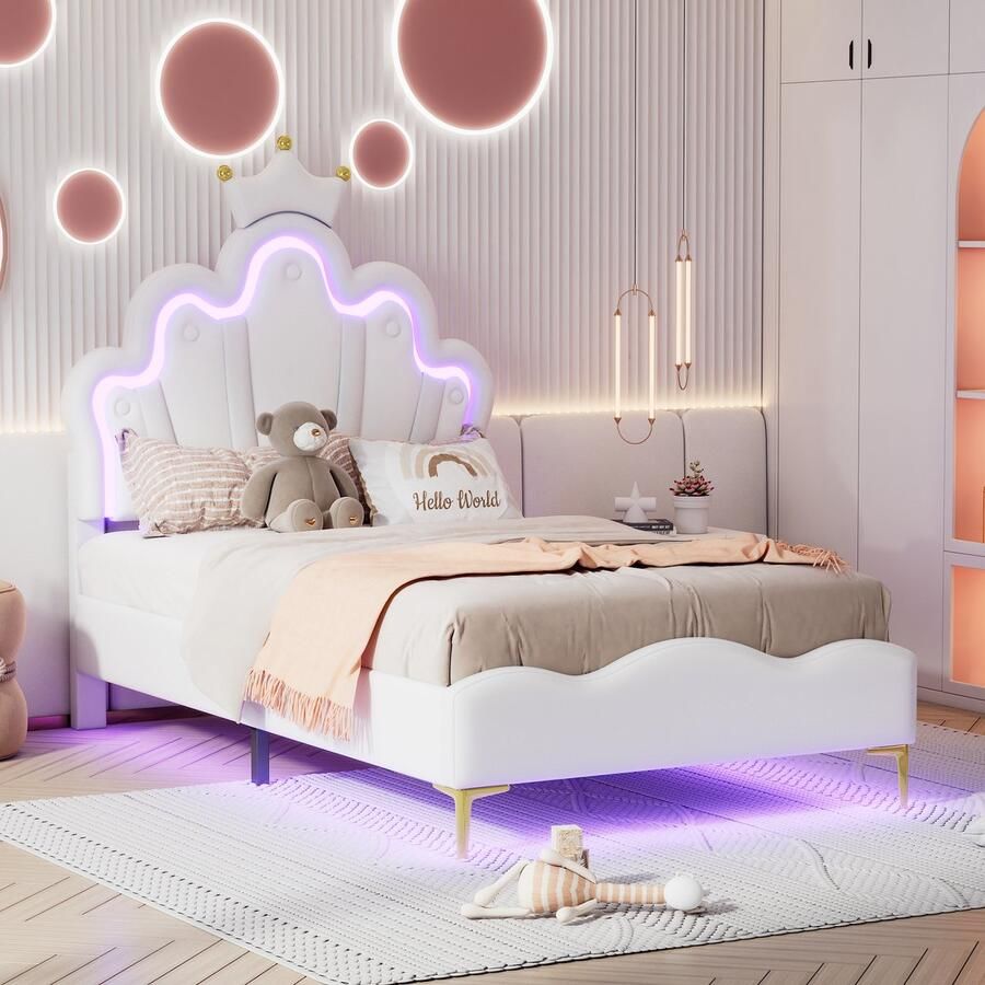 Sweiko Kinderbed 90x200cm Meisjes Kroonvormig Prinsessenbed Zacht PU lederen interieur Verstelbare LED sfeerlichtstrip Wit (Geen matras)