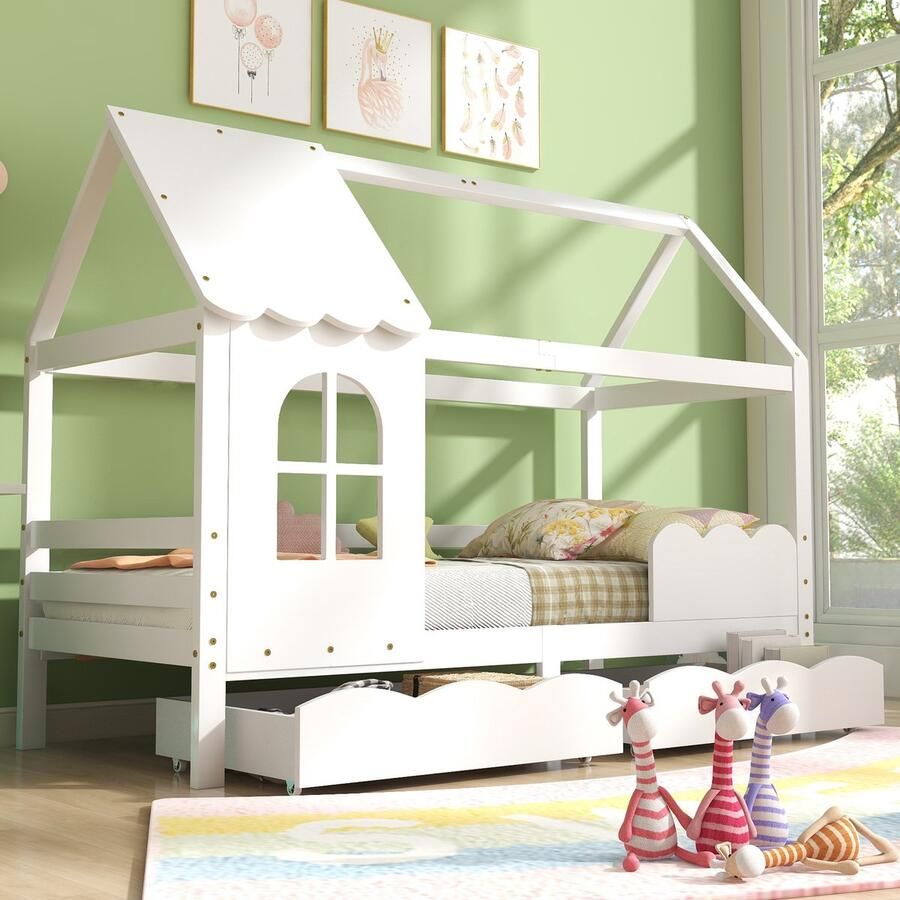 Sweiko Kinderbed 90x200cm multifunctioneel massief houten kinderbed met valbeveiliging met 2-laden Wit