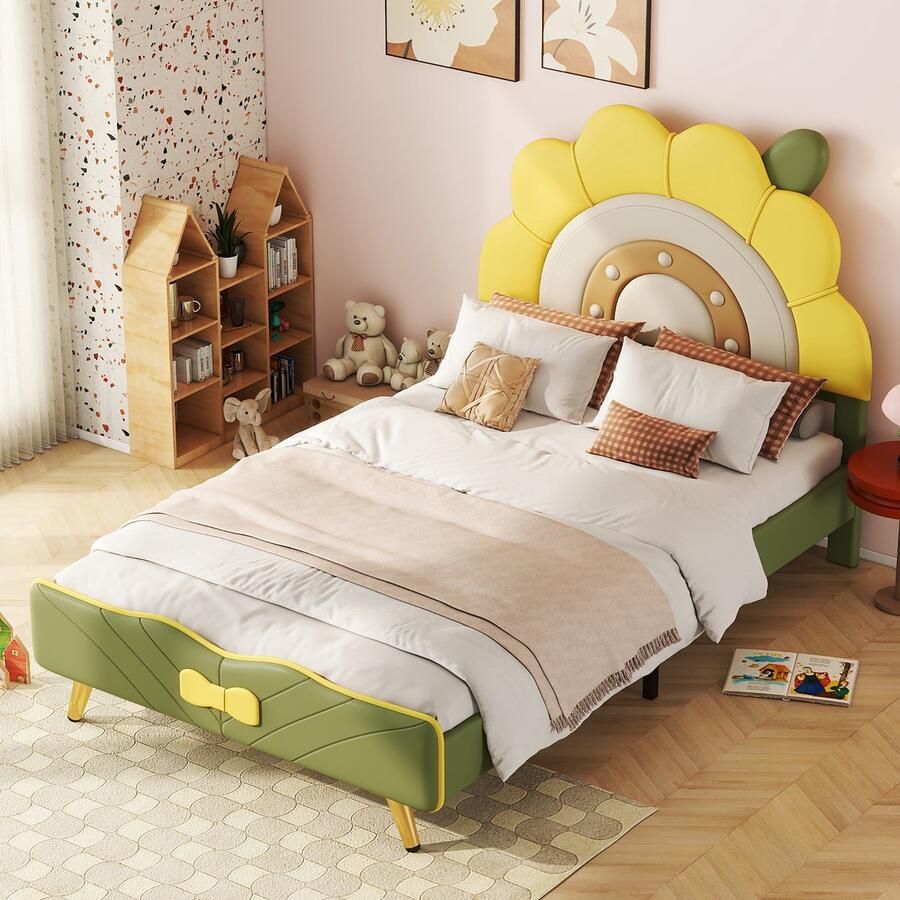 Sweiko Kinderbed 90x200cm plat bed Babybed zonnebloemvormig boogdecoratie aan het einde van het bed Geel